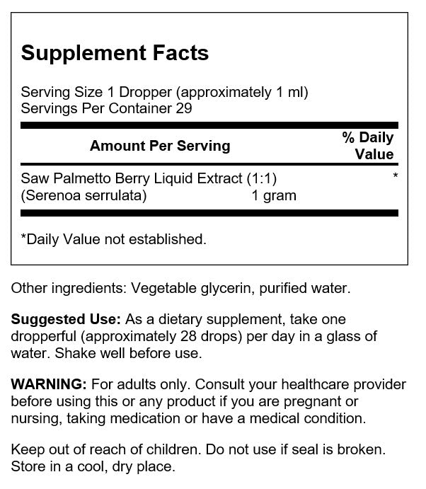 Swanson Saw Palmetto Liquid Extract 1 g – Sin Alcohol y Sin Azúcar | 1 fl oz
