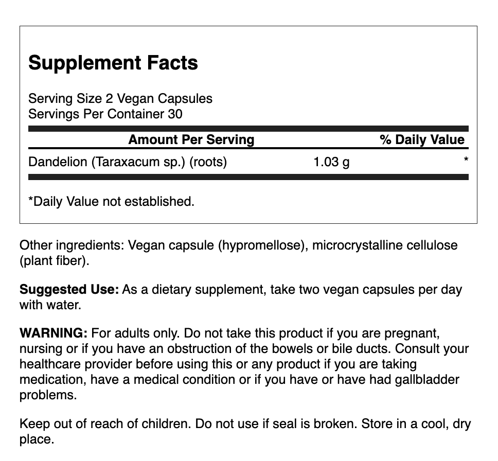 Swanson Full Spectrum Dandelion Root 515mg 60 Cápsulas | Raíz de Diente de León