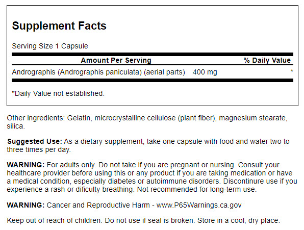 Swanson Andrographis Paniculata Full Spectrum 400 mg | 60 Cápsulas · Inmunidad