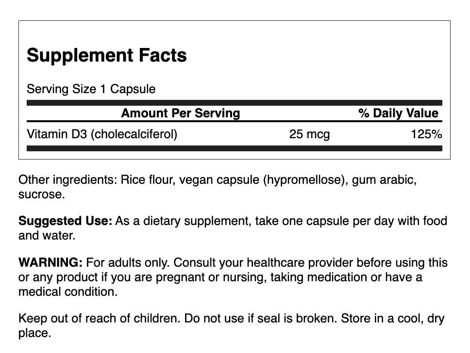 Swanson Vitamin D3 High Potency 1.000 IU 25 mcg 60 Cápsulas | Vitamina D3