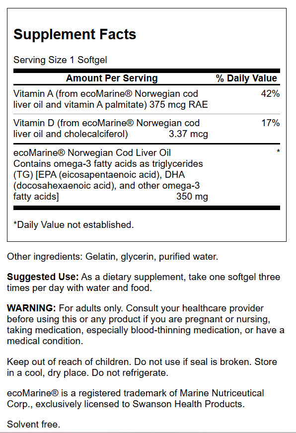 Swanson Aceite de Hígado de Bacalao Noruego 350 mg | 180 Softgels · Omega 3 Premium
