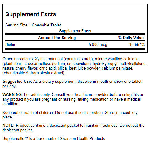 Swanson Supplemelts Biotin 5000mcg 60 Tabletas Masticables | Biotina