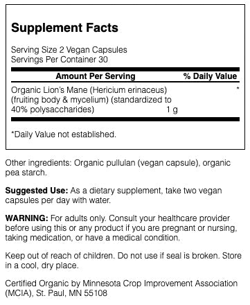 Swanson Organic Lion's Mane Mushroom 500 mg | Hongo Melena de León – 60 Cápsulas Veganas