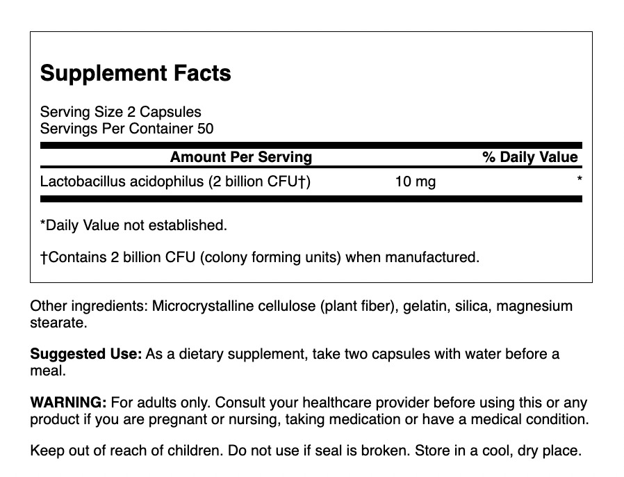 Swanson Lactobacillus Acidophilus 1 Billion CFU 100 Cápsulas | Probiótico