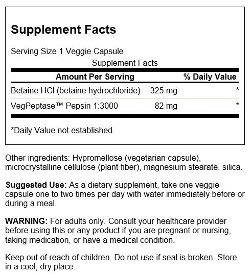 Swanson Betaine HCl with VegPeptase | Betaína HCl 250 Cápsulas Veganas