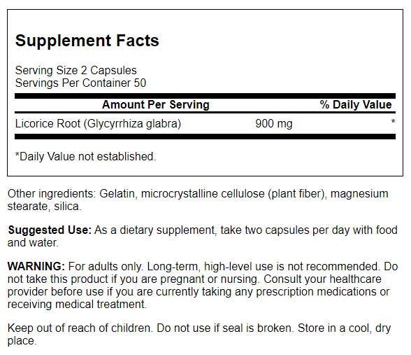 Swanson Licorice Root 450mg 100 Cápsulas | Raíz de Regaliz