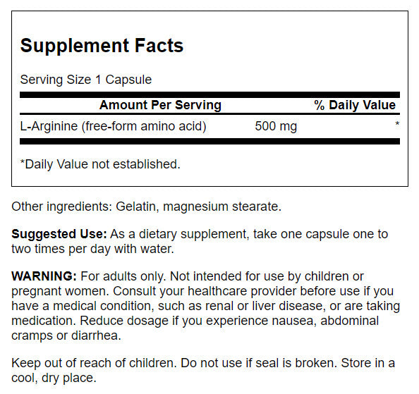 Swanson L-Arginine 500mg | 100 Cápsulas - Síntesis Proteica y Función Cardiovascular