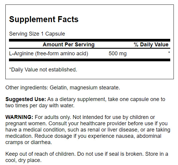 Swanson L-Arginina 500 mg | 200 Cápsulas · Óxido Nítrico y Circulación