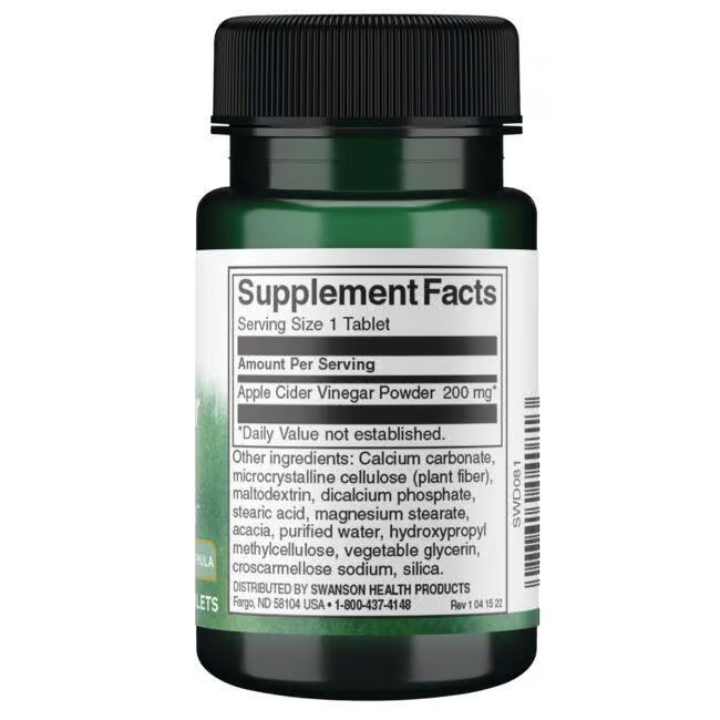 Swanson Apple Cider Vinagre de Manzana 200 mg | 30 Tabletas · Digestión