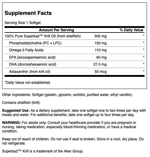 Swanson 100% Pure Krill Oil | 60 Softgels · Omega 3 + Astaxantina Premium