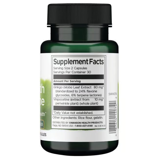 Swanson Ginkgo Biloba + Vinpocetina | 60 Cápsulas · Memoria y Circulación Cerebral