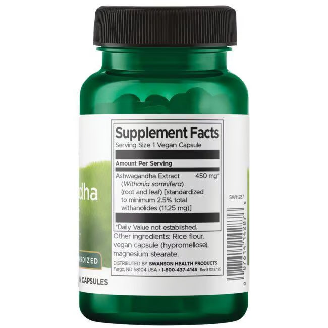Swanson Ashwagandha Extracto Estandarizado 450 mg | 60 Cápsulas · Adaptógeno