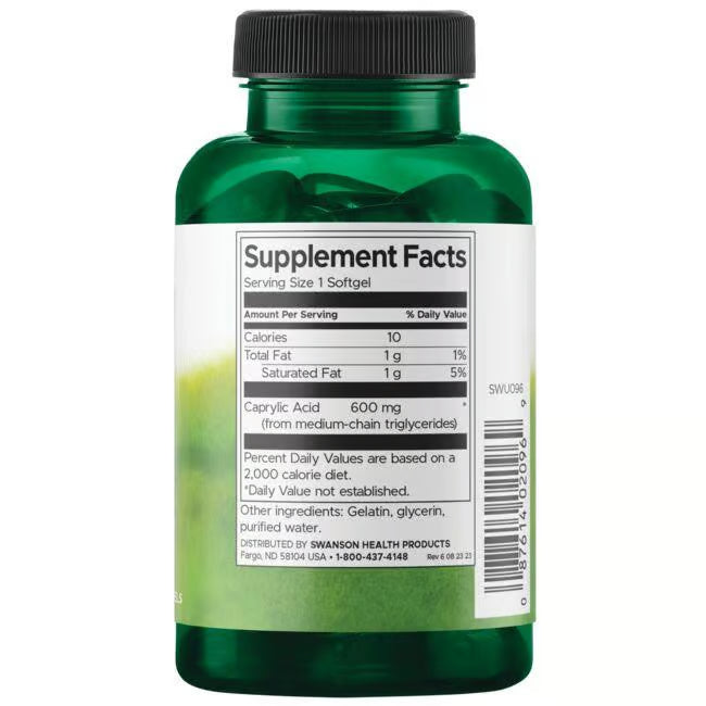Swanson Ácido Caprílico 600 mg | 60 Softgels · Antifúngico Natural Candida