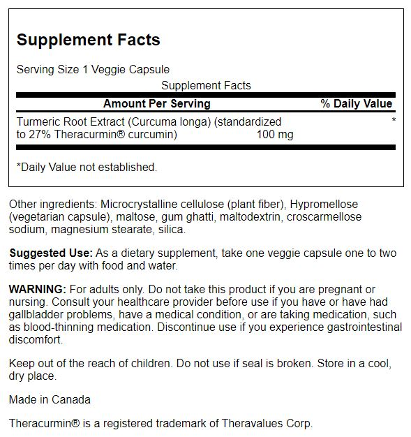 Swanson Theracurmin Cúrcuma Premium 100 mg | 30 Cápsulas Veg · 27 Veces Más Absorbible