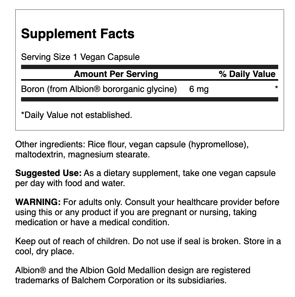 Swanson Albion Boron 6 mg | Boro Quelado Bororganic Glycine® – 60 Cápsulas