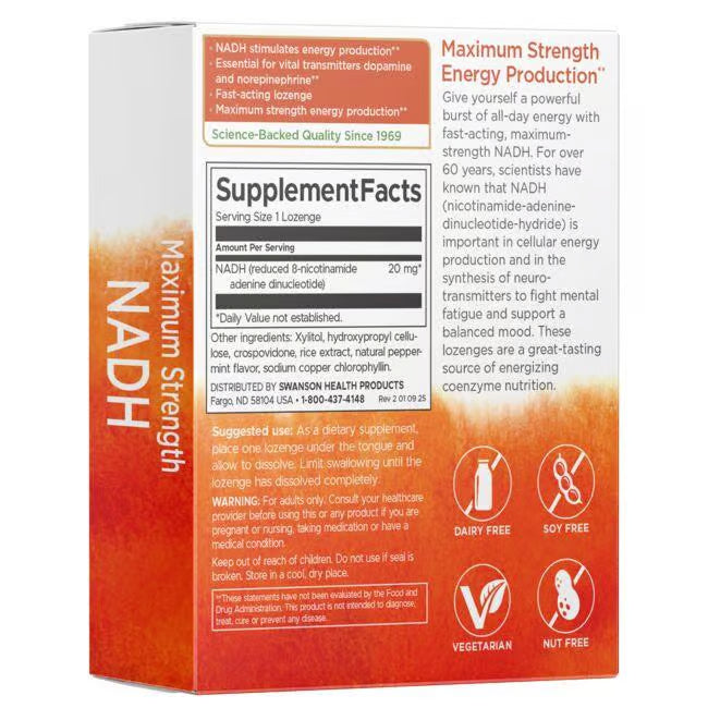 Swanson NADH Fast Acting Pastillas Mentoladas 10 mg | 30 Lozenges · Energía Celular