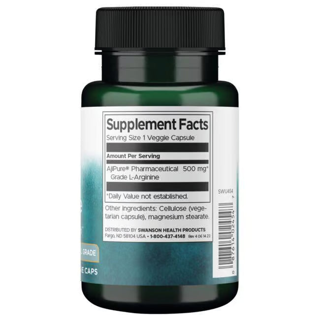 Swanson L-Arginina AjiPure Grado Farmacéutico 500 mg | 60 Cápsulas · Óxido Nítrico