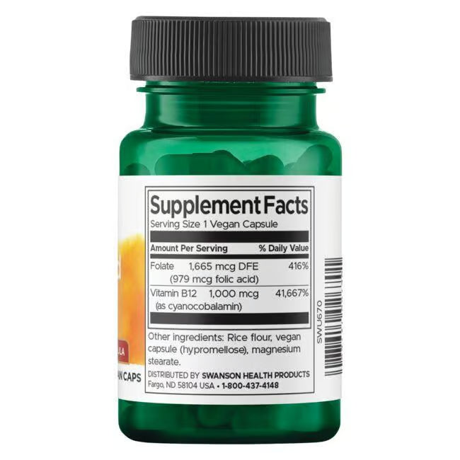 Swanson Ácido Fólico + Vitamina B12 | 30 Cápsulas · Embarazo y Energía