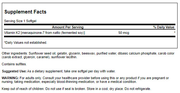 Swanson Vitamina K2 50 mcg | 30 Softgels · Salud Ósea y Cardiovascular
