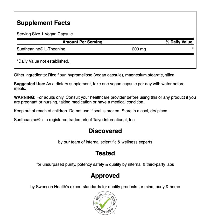 Swanson Suntheanine® L-Theanine 200 mg | L-Teanina de Alta Calidad – 60 Veg Caps