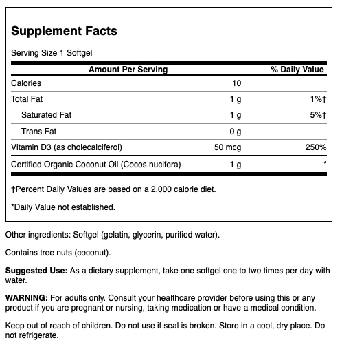 Swanson Vitamina D3 + Aceite de Coco 2.000 IU | 60 Softgels · Mayor Absorción