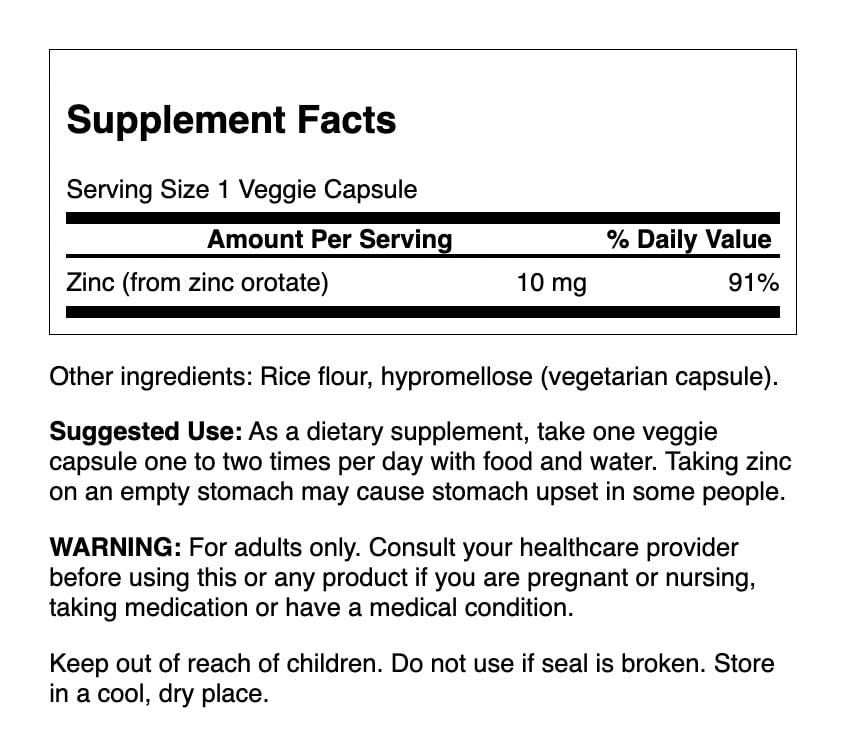 Swanson Zinc Orotate 10 mg – Zinc Orotato de Alta Biodisponibilidad | 60 Veg Caps