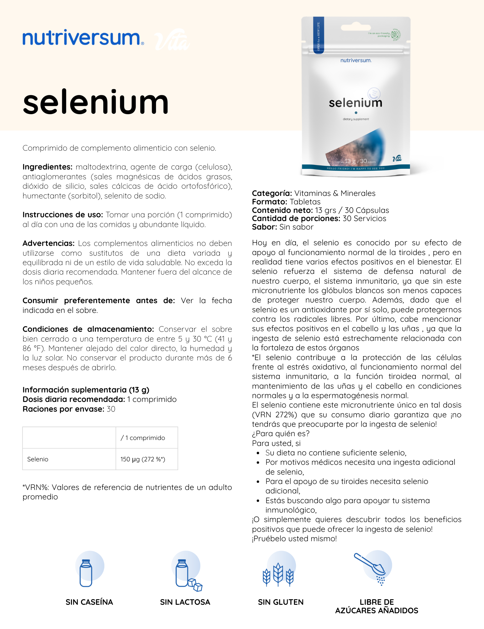 Selenium - Nutriversum - 13g / 30 Tabletas