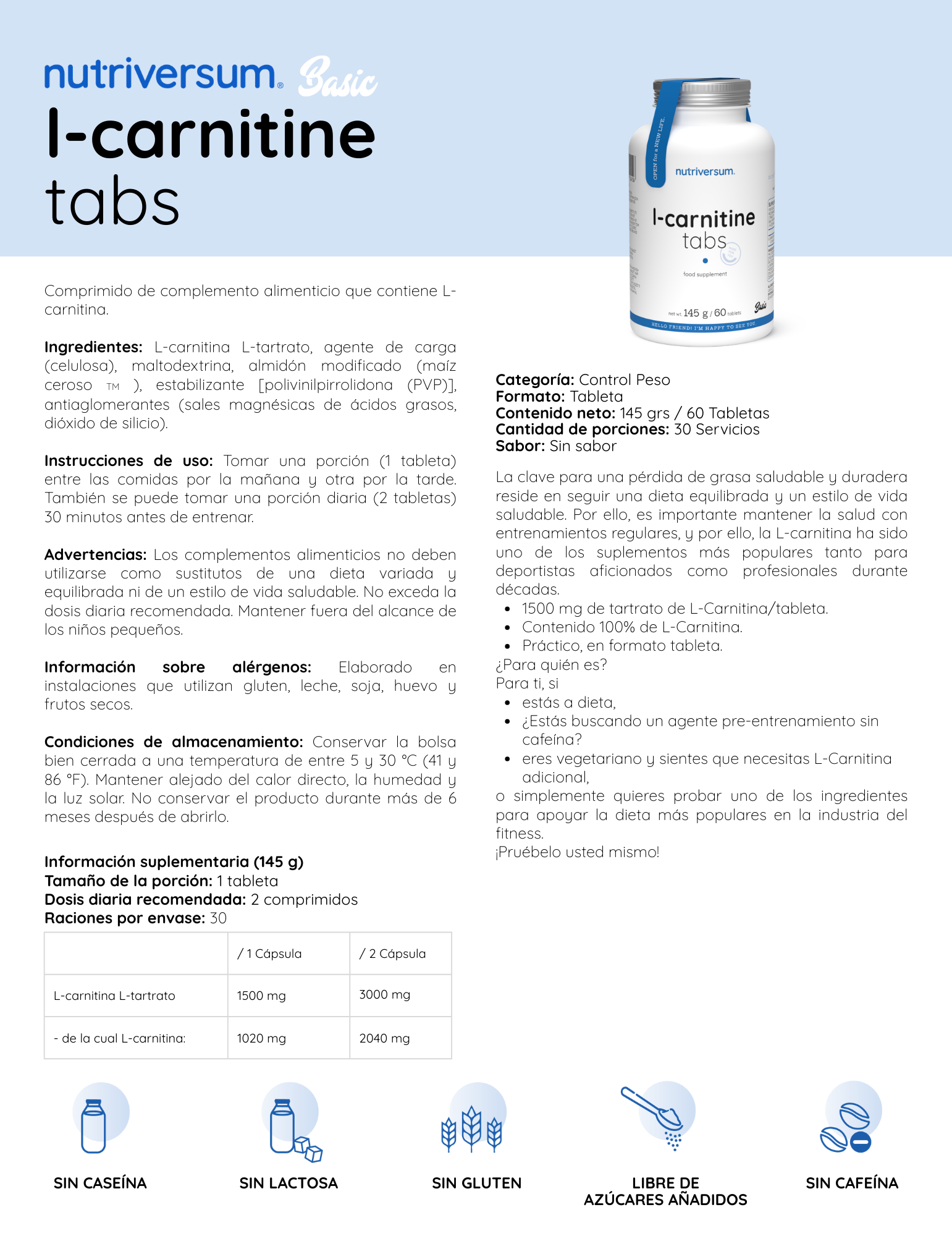 L-Carnitine Caps - Nutriversum - 145g / 60 Tabletas