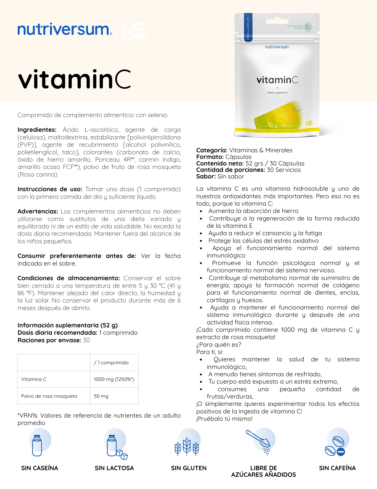 Vitamin C - Nutriversum - 52g / 30 Tabletas