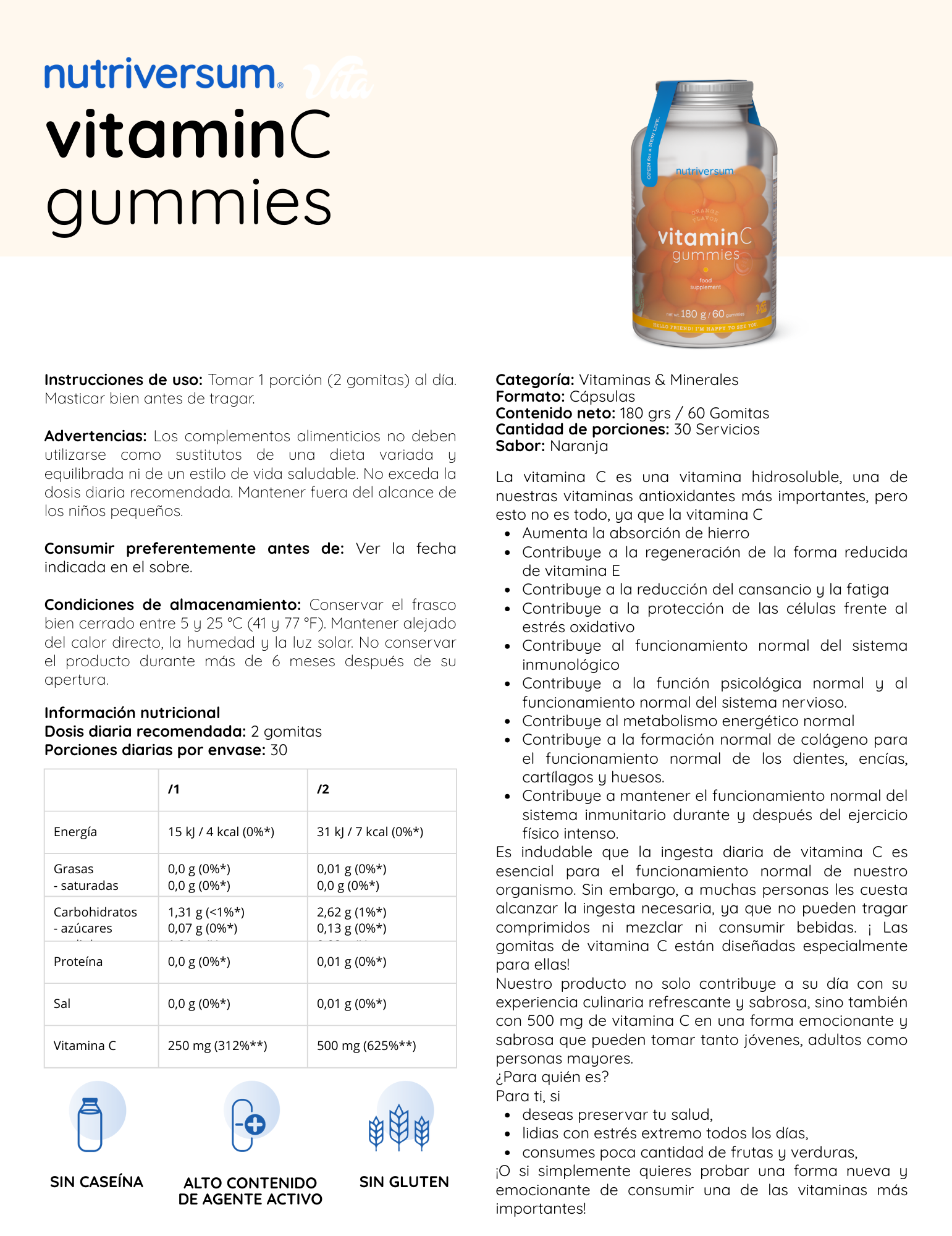 Nutriversum Vitamina C Gomitas 60 Gummies | Antioxidante · Sistema Inmune · Sabor Naranja