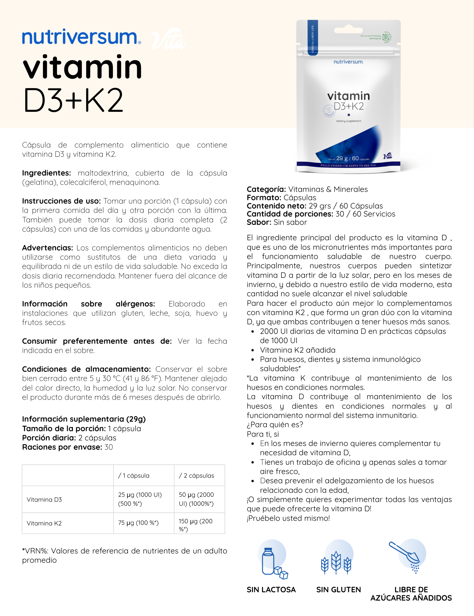 Vitamin D3+K2 - Nutriversum - 29g / 60 Cápsulas