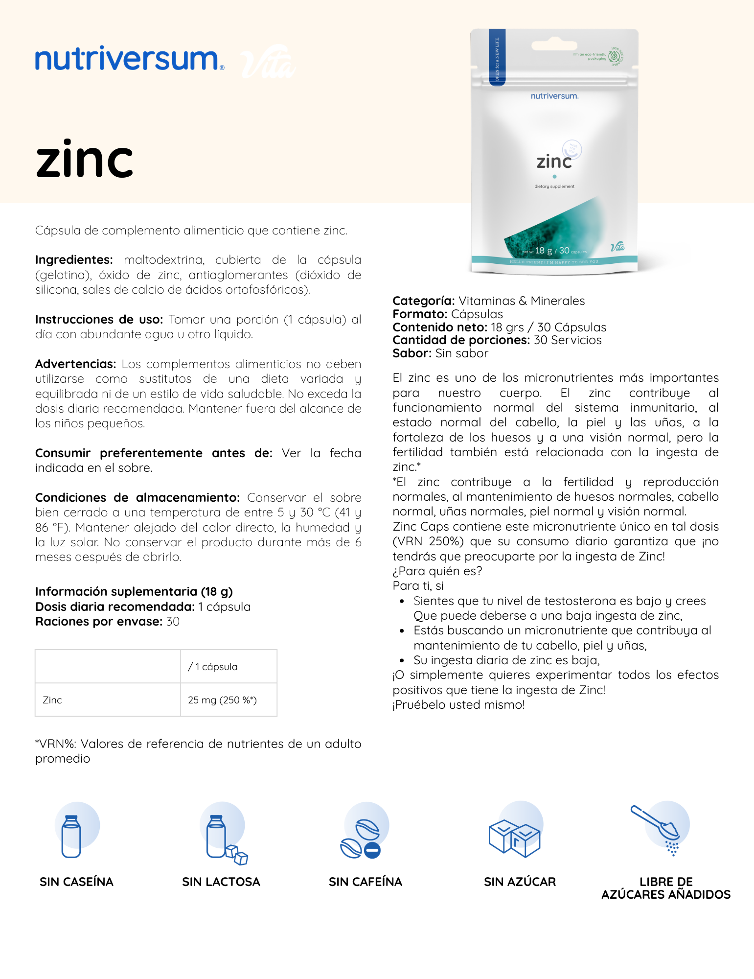 Nutriversum Zinc 18 g | 30 Cápsulas · Sistema Inmune y Testosterona Natural