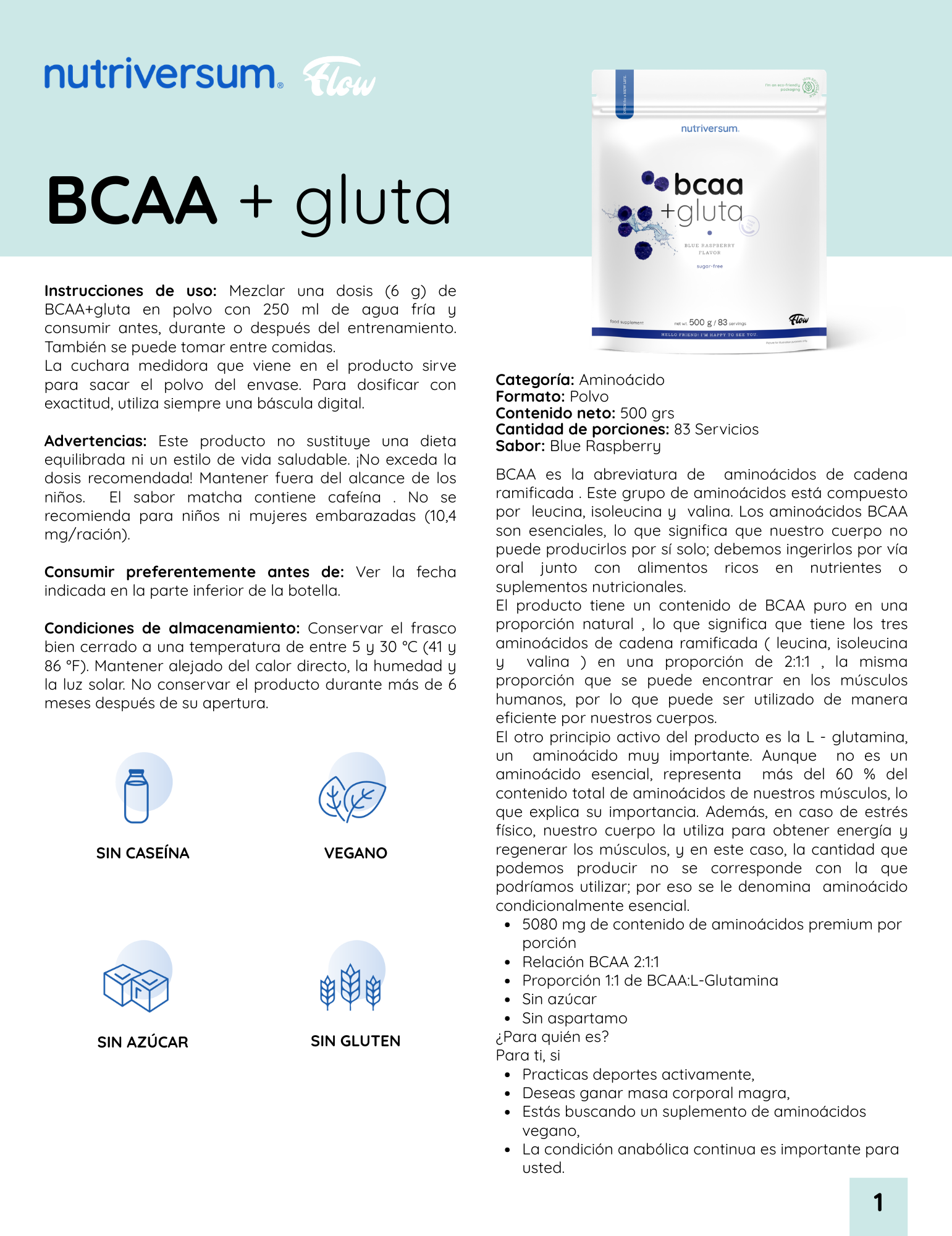 BCAA + Gluta - Nutriversum - 500g / 83 Servicios