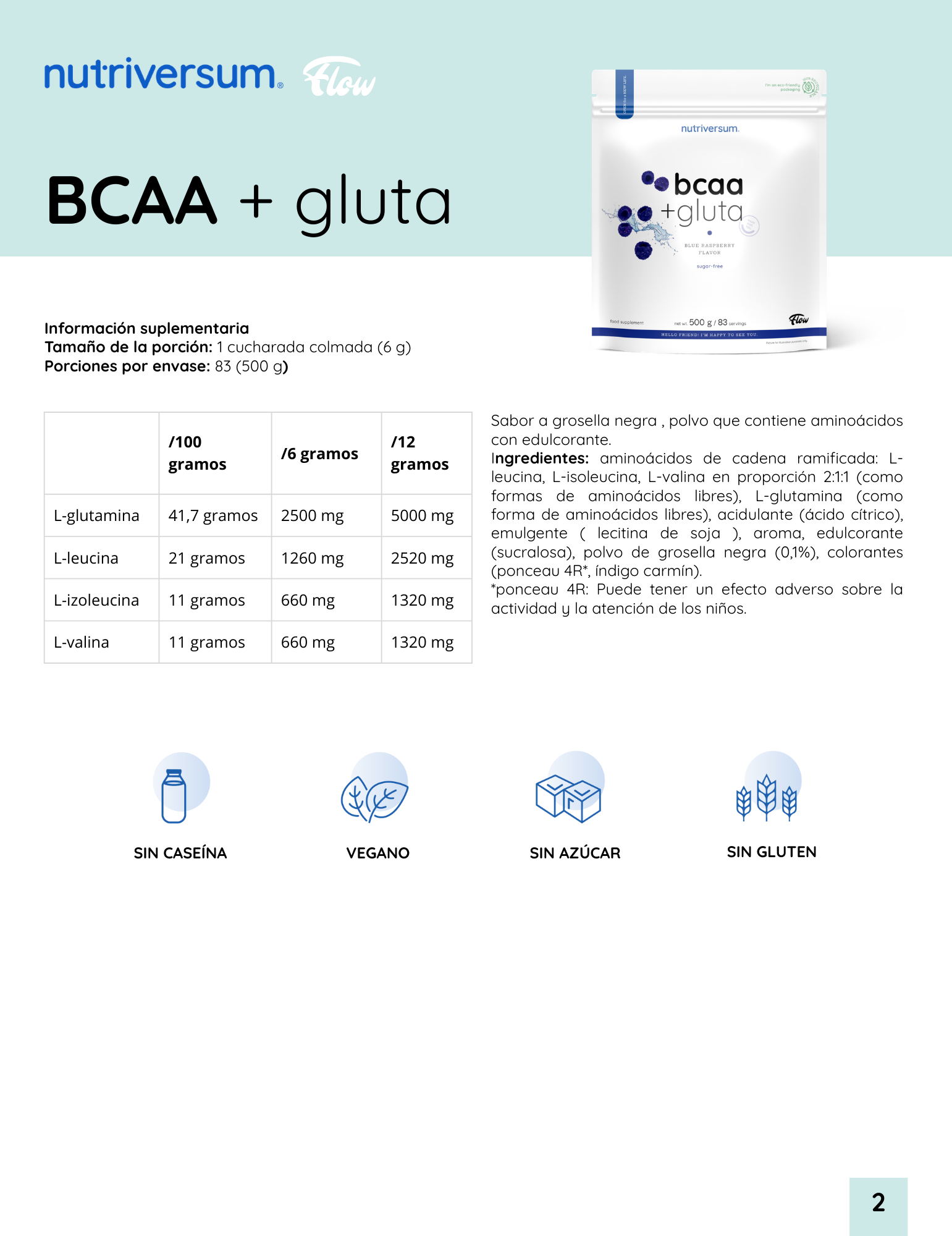 BCAA + Gluta - Nutriversum - 500g / 83 Servicios