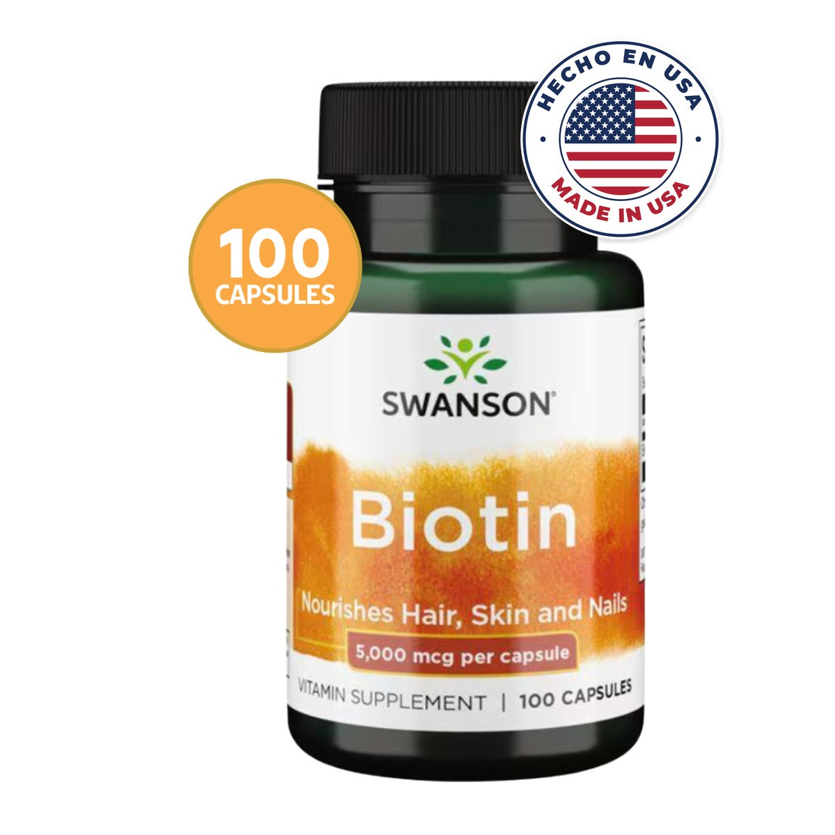 Swanson Biotina 5.000 mcg | 100 Cápsulas · Cabello, Piel y Uñas Fuertes · Made in USA