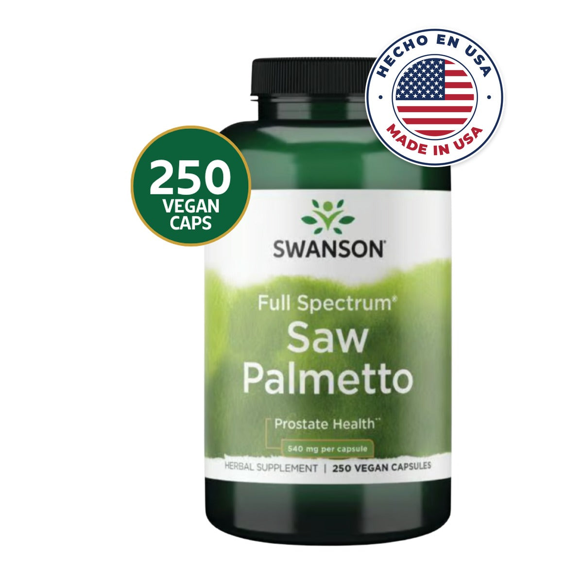 Swanson Saw Palmetto Próstata 540 mg | 250 Cápsulas · Salud Masculina Familiar · Made in USA