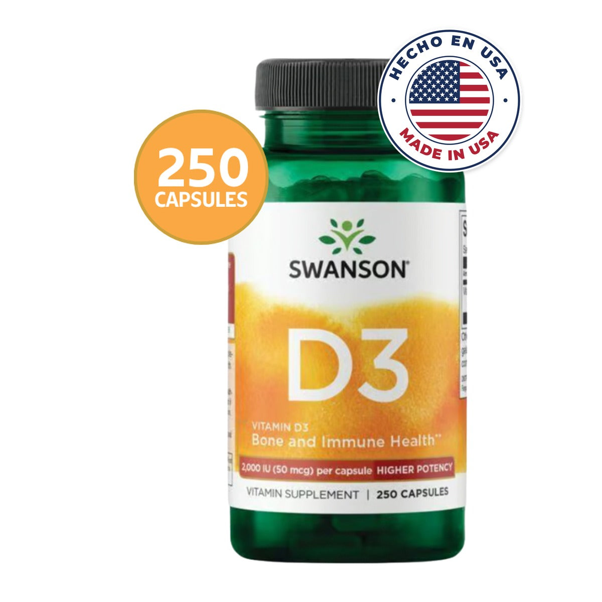 Swanson Vitamina D3 2.000 IU | 250 Cápsulas · Salud Ósea e Inmune · Made in USA