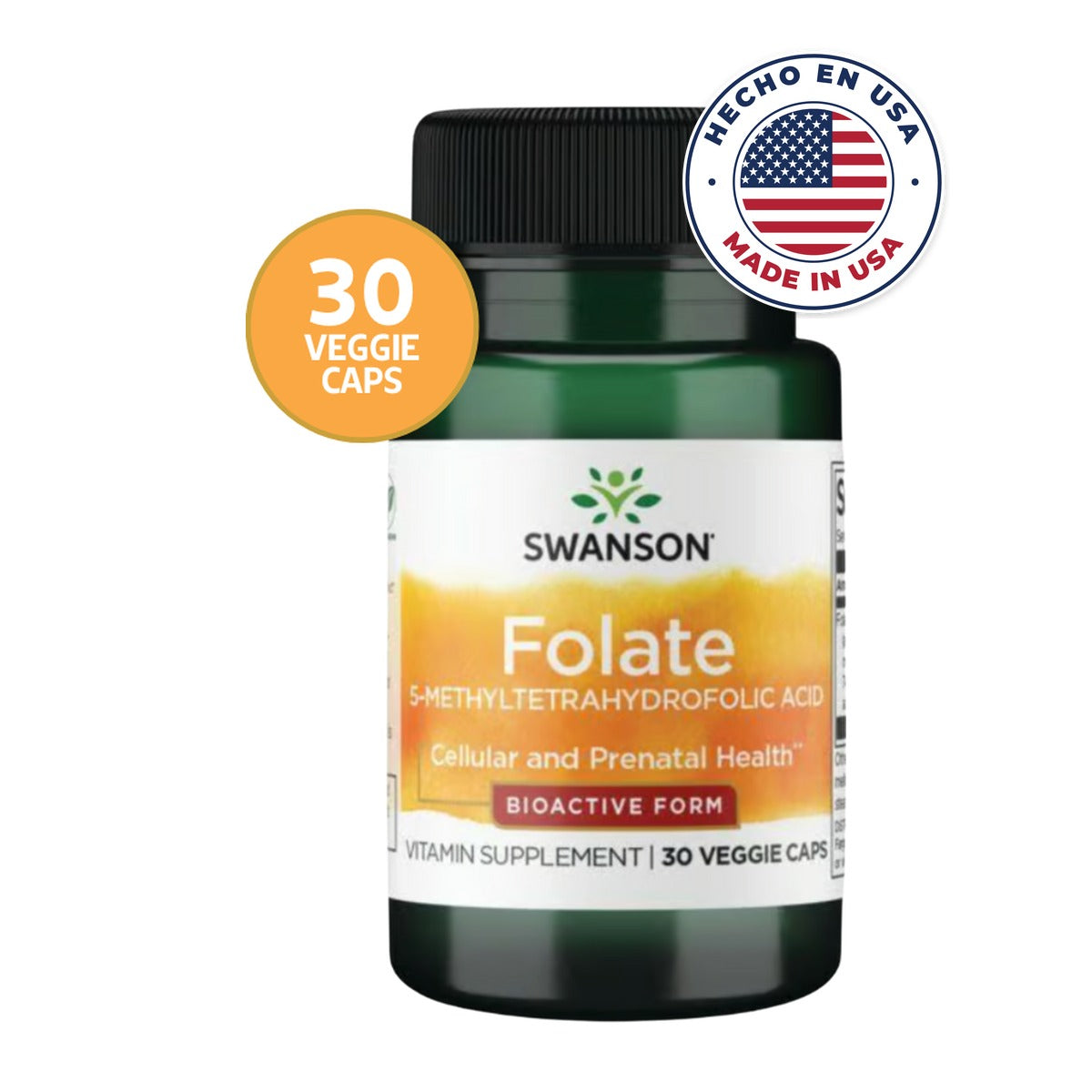 Swanson Folato 5-MTHF Forma Activa | 30 Cápsulas · Ácido Fólico Bioactivo · Made in USA